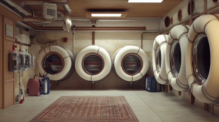 Utility room with foam-insulated hot water pipes wrapped securely, orderly arrangement in a functional spaceの素材