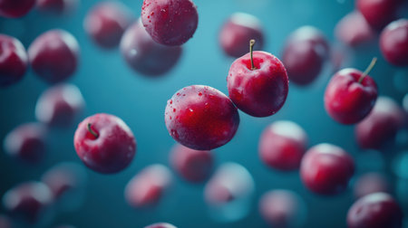 Red plums floating in dynamic composition, shot with drone for a unique, vibrant display of textures and ripe colorsの素材