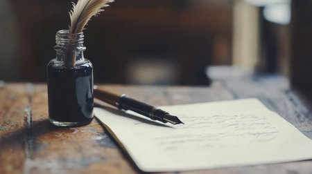 Quill pen poised beside an ink bottle on a weathered desk, reminiscent of historical writing practices.の素材