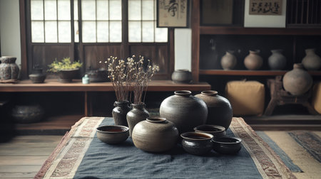 Korean ceramic jars (Jangdokdae) in traditional setup, ideal for fermenting soy sauce and soybean pasteの素材