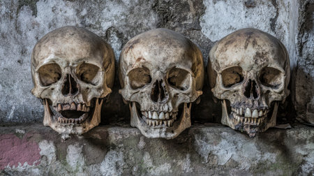 Skulls and bones in underground burial site, eerie, dark tones in a historic cemetery settingの素材