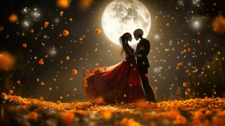 Elegant figures of Catrina and her lover, framed by a bright moon and drifting marigold petals, capturing eternal love on Dia de los Muertos.の素材