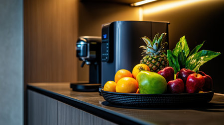 Fresh fruit basket arranged on a countertop, complementing a modern coffee machine, in a sleek office kitchen settingの素材