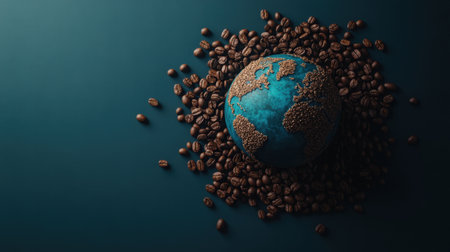 Textured earth globe surrounded by coffee beans, emphasizing the global reach and importance of coffee trade.の素材