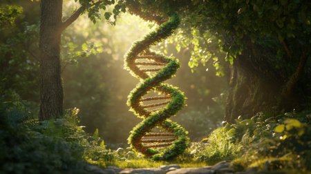 Tree trunk spiraling in the form of a DNA helix, representing the fusion of nature beauty with genetic scienceの素材