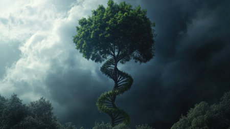 Tree with a double-helix trunk standing tall, showcasing the connection between natural life and biological structure.の素材