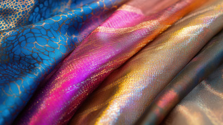 Close-up of bold iridescent fabrics, shimmering in unique colors, creating futuristic, reflective texturesの素材