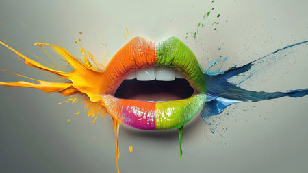 Artistic colored lips with splashes of vivid paint, creating a bold and dynamic look for an art posterの素材