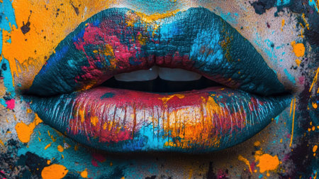 Close-up of colorful lips with paint splashes, vibrant and artistic expression perfect for creative postersの素材