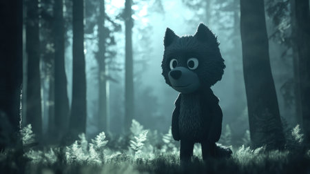 Cartoon werewolf in dark forest, surrounded by mist, eerie atmosphere with gothic and fantasy vibeの素材