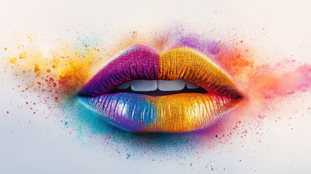 Brightly colored lips with multicolored paint splashes, artistic, bold, and dynamic for unique poster designの素材