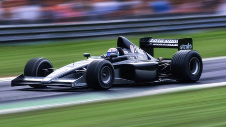 Black Formula One car in action on the track, sleek design and intense motion creating dynamic race viewの素材
