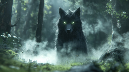 Cartoon werewolf in dark forest, surrounded by mist, eerie atmosphere with gothic and fantasy vibeの素材