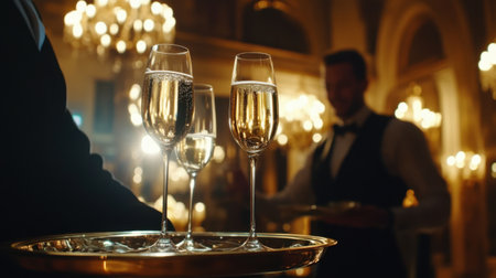 Champagne glasses on tray, waiter serving in a luxury setting, perfect for a high-end celebration sceneの素材
