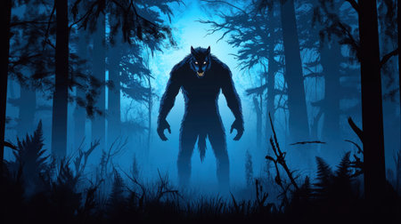 Cartoon werewolf man in foggy forest, mysterious and dark scene capturing eerie, suspenseful atmosphereの素材