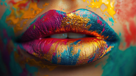 Brightly colored lips with multicolored paint splashes, artistic, bold, and dynamic for unique poster designの素材