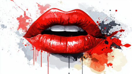 Close-up of red lips with splashes of red paint, creating a bold art poster with dramatic, open mouth effectの素材
