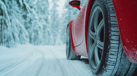 Close-up of car tire on snowy road, red vehicle in winter forest, capturing the chilly drive through a snow-filled landscapeの素材