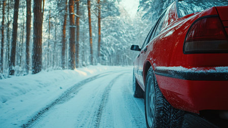 Close-up of red car rear wheel on snowy winter road, driving through forest with snow-covered treesの素材