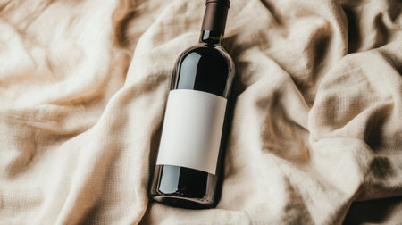 Dark glass wine bottle mockup with clean, minimalist label, set on soft beige fabric, lit warmly for an elegant look and premium feelの素材