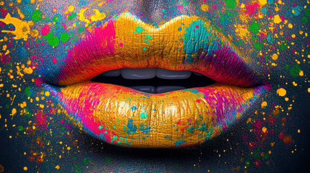 Close-up of colorful lips with multicolored paint splashes, creating bold and vibrant art poster effectの素材