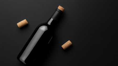 Dark wine bottle with cork and label mockup, set on a black background with soft lighting, giving a luxurious, premium feelの素材
