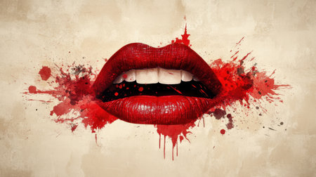 Close-up of red lips with splashes of red paint, creating a bold art poster with dramatic, open mouth effectの素材