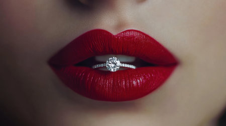Close-up of woman's lips with red lipstick, diamond ring between lips, luxurious and bold fashion shotの素材