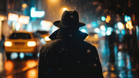 Dangerous figure in hat and coat, standing in rainy street at night, shadowy and intenseの素材