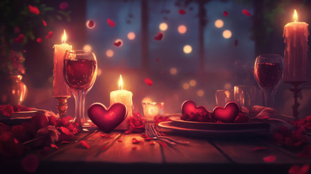 Cozy Valentine dinner vector, soft candle glow, heart-shaped flowers, and romantic ambiance with rose petalsの素材