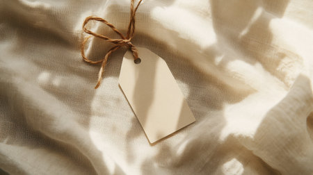 Clothing tag mockup with simple, clean label, rounded edges, set on a natural cotton fabric background with soft lightingの素材