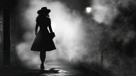 Detective girl in noir comic style, night street scene with fog, shadows, and classic vintage mysteryの素材