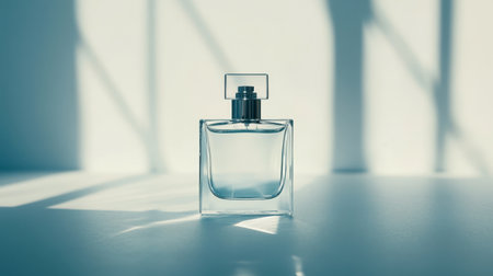 Clear perfume bottle with minimalist branding, on a clean white background, soft reflections, giving a polished and stylish lookの素材