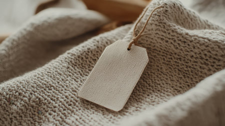 Minimalist clothing tag with rounded corners, clean label, resting on soft cotton fabric, natural and elegant presentationの素材