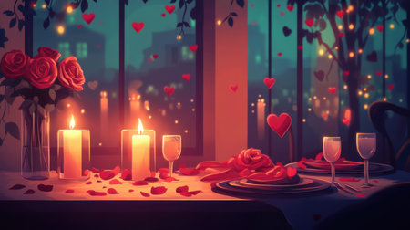 Cozy Valentine dinner vector, soft candle glow, heart-shaped flowers, and romantic ambiance with rose petalsの素材