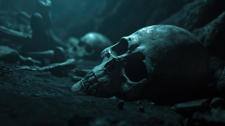 Eerie underground cemetery with human skulls and bones, dimly lit for a haunting atmosphereの素材