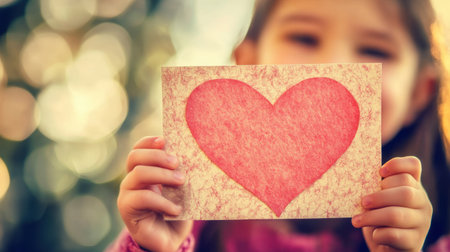 Joyful moment of a child presenting a handmade Valentine card, parent smile capturing the love of family on Valentine Dayの素材