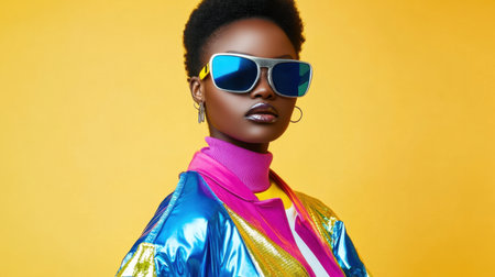 Fashion-forward outfit with retro 80s colors, metallic accents, and futuristic design elements for a bold, tech-infused lookの素材