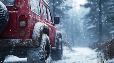 Rear wheel of car in snow, red vehicle driving through winter forest, detailed close-up of snowy conditionsの素材