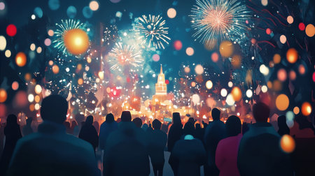Festive papercut New Year 2025 scene, vibrant fireworks, glowing lights, and joyful gathering celebratingの素材