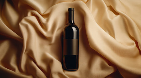 Minimalist wine bottle mockup, dark glass, elegant label, set against beige fabric in warm lighting, a perfect premium lookの素材