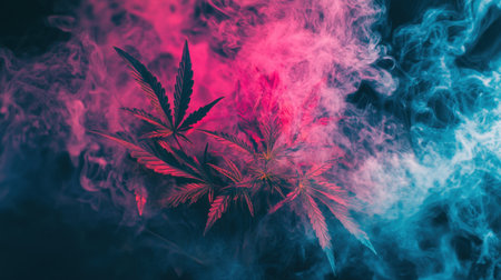 Marijuana leaves, smoke, and neon lights creating bold contrast on black background, close-up shotの素材