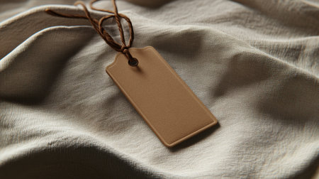 Elegant clothing tag mockup with rounded edges, soft shadows, placed on a natural cotton fabric background, professional lookの素材