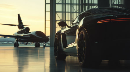 Luxury jet and black car side-by-side at airport, sleek and sophisticated transportation settingの素材