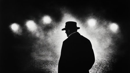 Silhouette of man in hat and coat at night, street lights casting rain-soaked shadows, dark and forebodingの素材