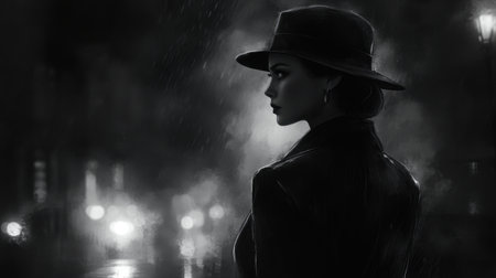 Detective girl in hat and raincoat, noir style, standing on a misty street at night, dramatic shadows and intrigueの素材