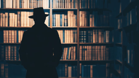 Silhouette of a man in hat and trench coat, standing in dark library, mysterious spy atmosphereの素材