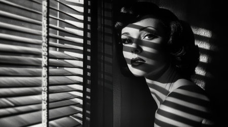 Noir-style portrait of woman at window, shadow and light from blinds for a vintage cinematic lookの素材