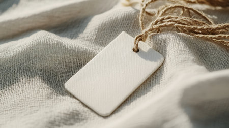 Professional clothing tag with rounded edges, clean label on cotton fabric, soft shadows for a refined, natural lookの素材