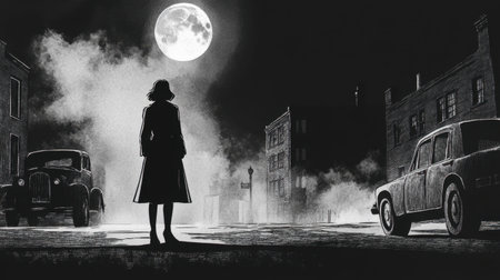 Noir comic of girl detective in raincoat, on shadowy street at night, fog adding mystery to the sceneの素材